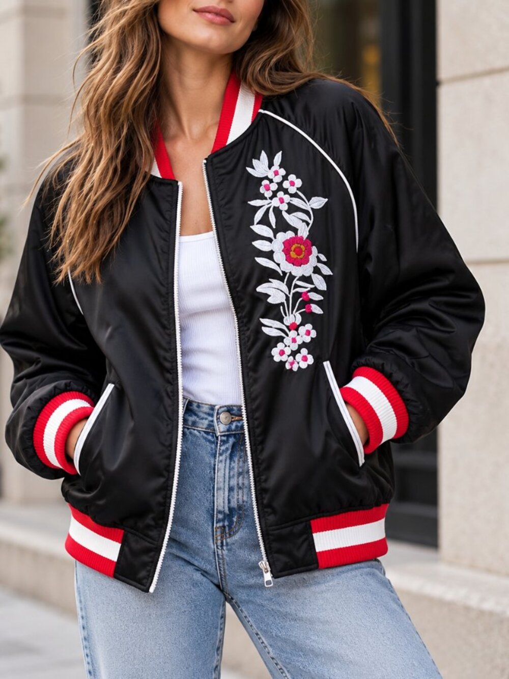 Maje Bradley Floral Embroidered Satin Bomber Jacket Black M NWT $395 Retail